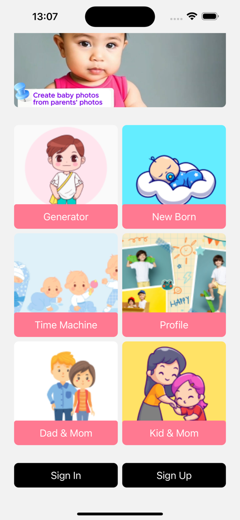 Watch Me Grow Baby Generator - Home screen of the Watch Me Grow Baby Generator app showing feature icons for baby generation and time machine