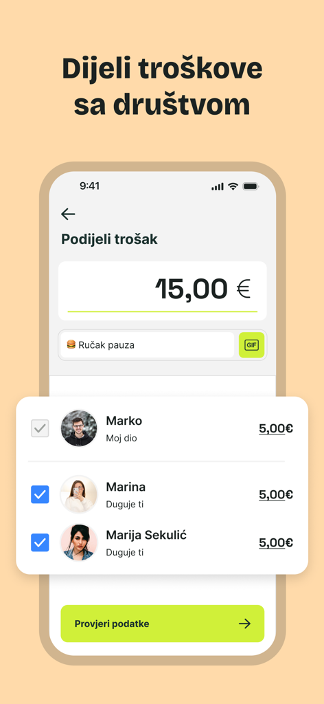 Presto - Money made simple - Interfaz de la aplicación móvil Presto que muestra la función de dividir la factura para el pago de un almuerzo con amigos