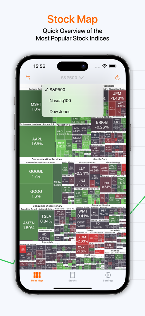 Stock+: Stock Market Heat Map - Mapa de calor interactivo del índice S&P 500 que muestra el rendimiento de las acciones por sector en una aplicación móvil.