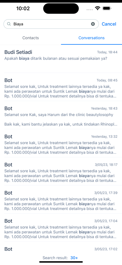 Search interface of the Qontak Chat app displaying filtered conversation results with highlighted keywords