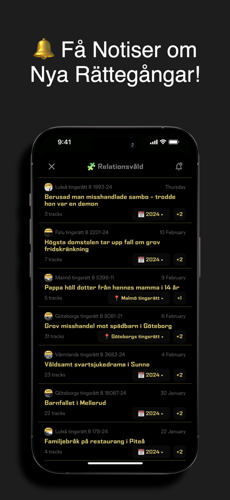 RÄTTEGÅNGSAPPEN | PODCAST - Smartphone screen displaying a list of Swedish criminal trials and court cases within the Rättegångsappen app.