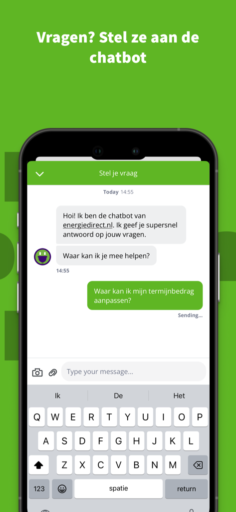 Regelneef - energiedirect - Smartphone screen showing the Regelneef app chatbot interface for customer support and energy management questions.