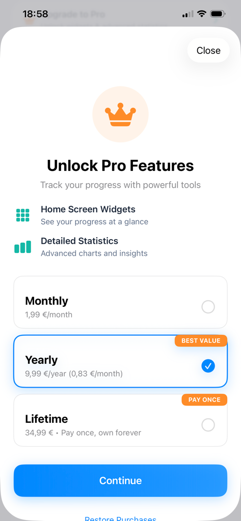 Unlock Pro Features screen of SmokeFree Journey app showing subscription options for widgets and detailed statistics