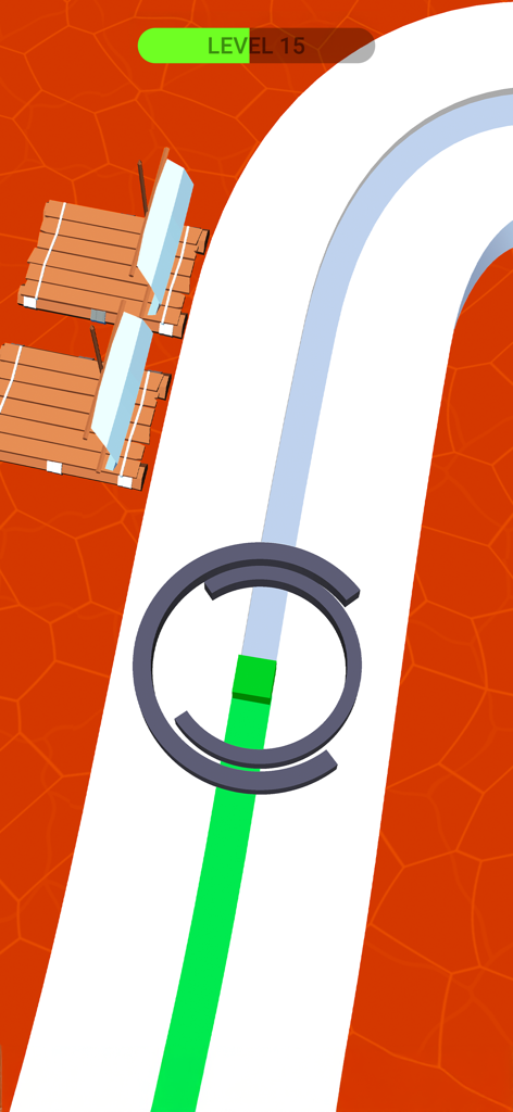 Line Color 3D - Line Color 3Dで、白い道に円形の障害物がある中を緑のトレースがペイントされている様子。