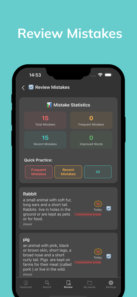 3000 Core English Vocabulary - Review mistakes screen showing vocabulary statistics and practice options in the 3000 Core English Vocabulary app