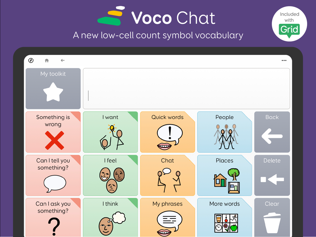 シンボル付きの様々なコミュニケーションボタンを表示する、Grid for iPad内のVoco Chat（低セル数シンボル語彙）のインターフェース