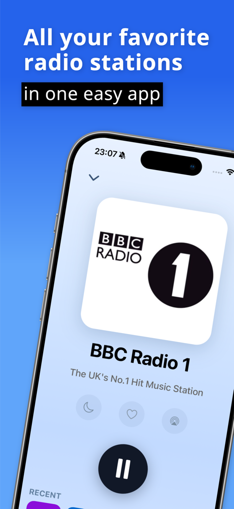 Playdio - radio app - Playdio radio app interface on an iPhone showing the BBC Radio 1 playback screen