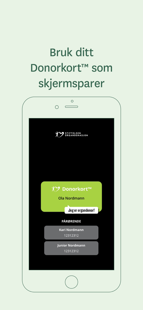 Donorkort - Digital organ donor card displayed on a smartphone lock screen as a wallpaper