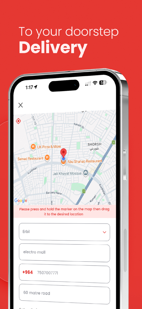 Electro Mall - Electro Mall app delivery address selection interface featuring a map and contact information form