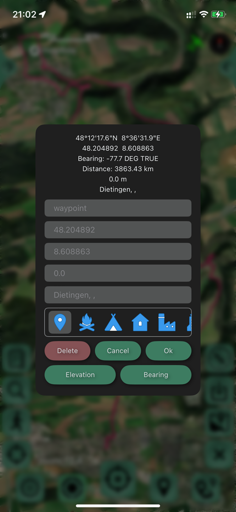 GPS Tracker: Offline Maps, GPX - Interface for editing a waypoint showing coordinates and location icons over a satellite map