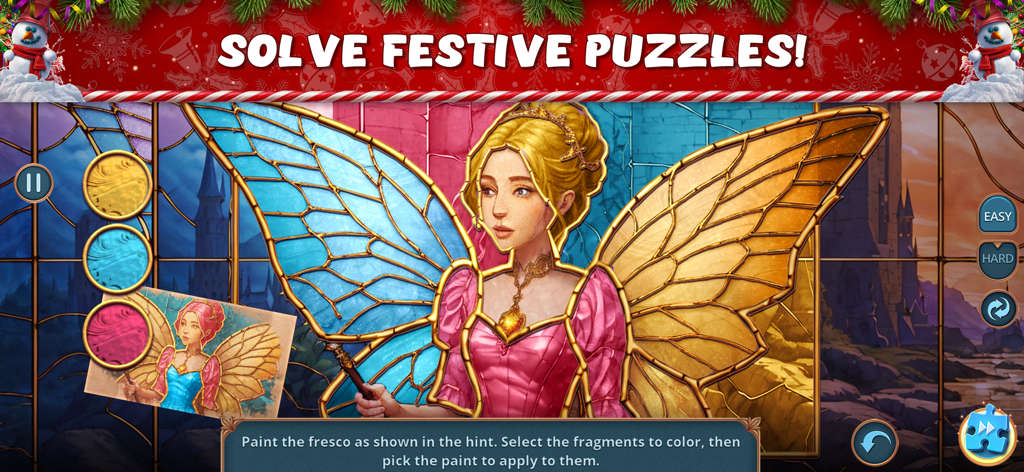 Hidden Objects: Xmas Fables - Un puzle de colorear con un personaje de hada en el festivo juego Objetos Ocultos Fábulas Navideñas.