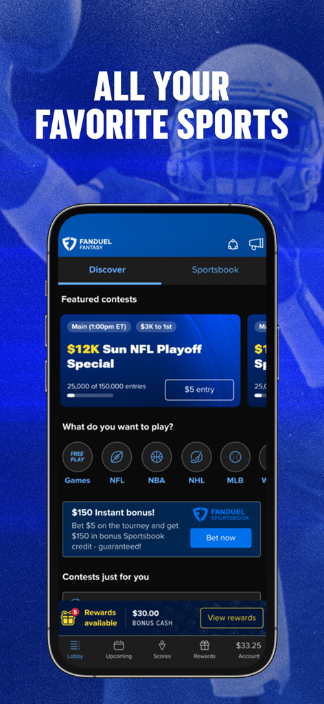 FanDuel Fantasy Sports mobile App-Oberfläche, die angesagte NFL-Playoff-Wettbewerbe und Daily-Fantasy-Sport-Kategorien zeigt.