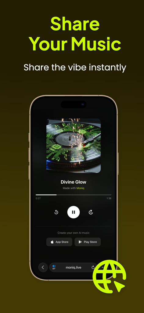 Moniq - Pantalla de la app móvil Moniq mostrando la función para compartir música con una canción generada por IA en reproducción