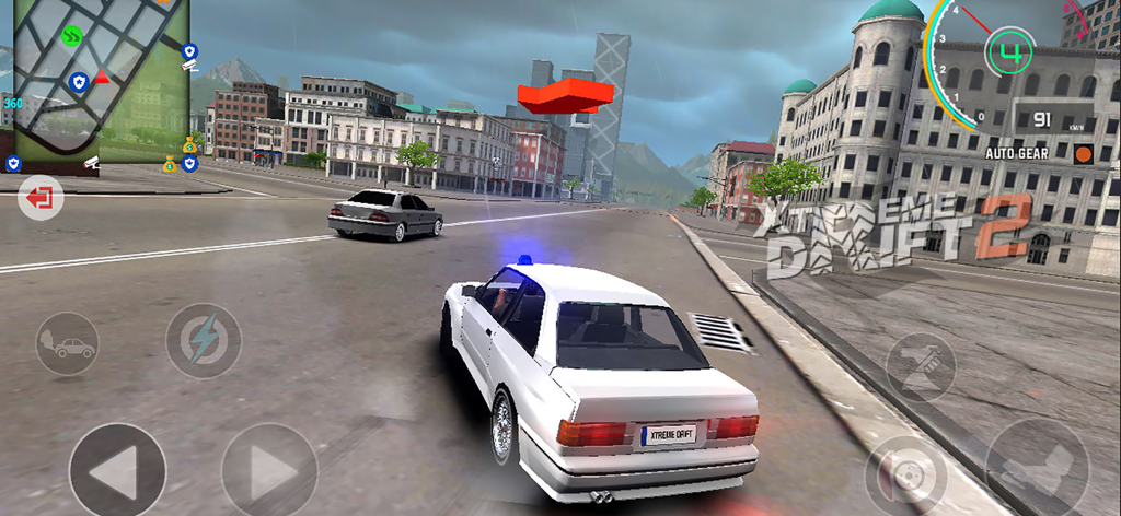 A white car drifting through a city street in the Xtreme Drift 2 racing game.