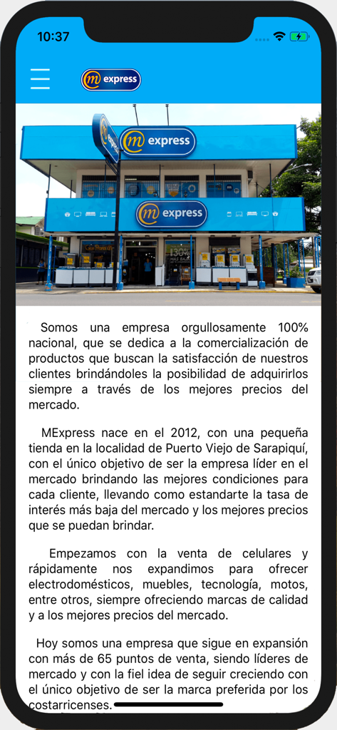 MExpress - MExpress app interface showing a physical store building and company history text