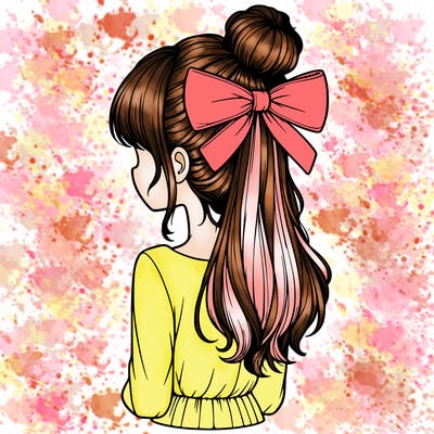 realistic girl  with hip length hair a bun and a big bow on the back of head
