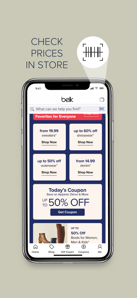 Belk Mobile App auf einem Smartphone, die Einzelhandelsangebote und eine Barcode-Scanner-Funktion zur Überprüfung von Preisen im Geschäft anzeigt.