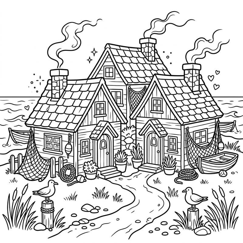 Journey to a charming coastal village with this fun coloring page featuring cozy fisherman's cottages. Kids will love bringing these seaside homes, boats, and friendly seagulls to life with their favorite colors.