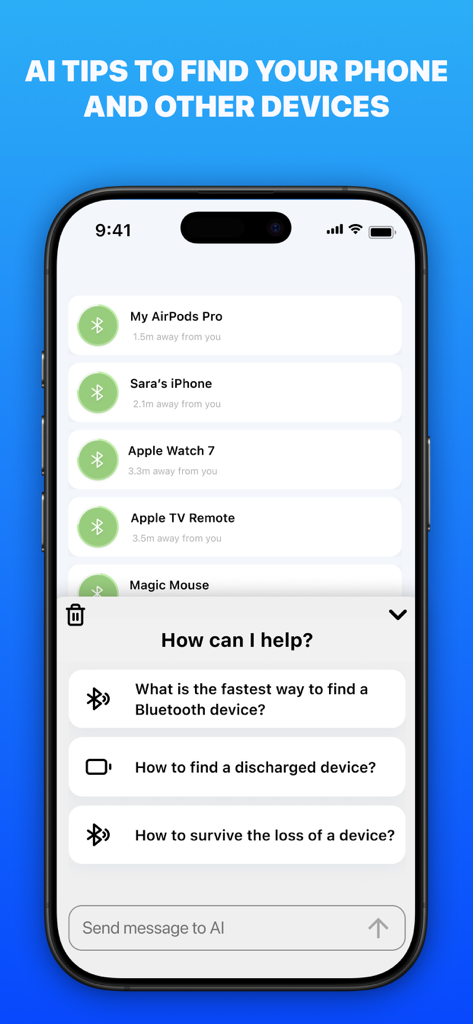 Find My Lost: Device Finder - Find My Lost app interface with AI search assistant and a list of tracked Bluetooth devices