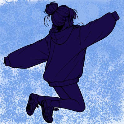 realistic girl jumping with a bun and oversized sweatshirt