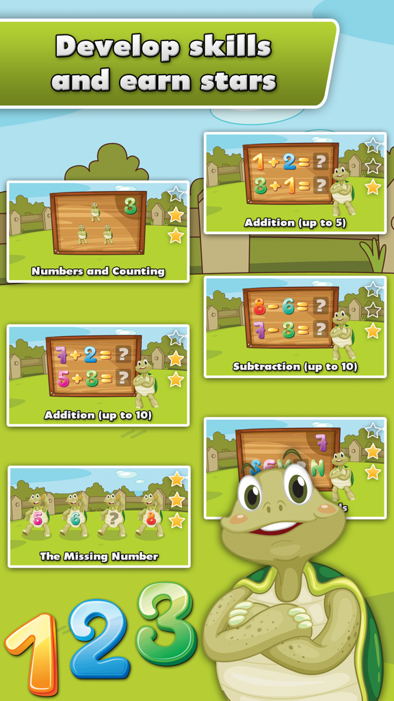 Turtle Math for Kids - Children Learn Numbers, Addition and Subtraction - A display of math learning activities for kids featuring addition subtraction and counting with a turtle mascot