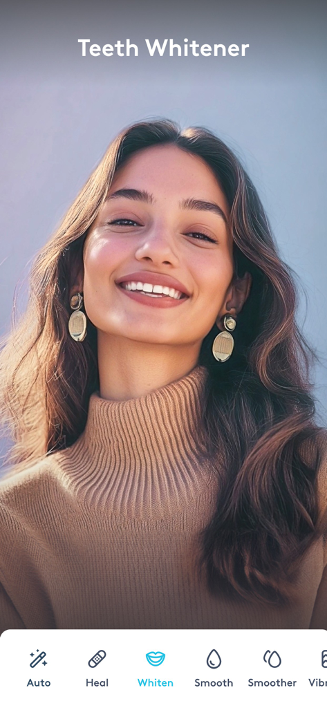 A woman smiling in the Facetune app showing the teeth whitener editing tool interface.