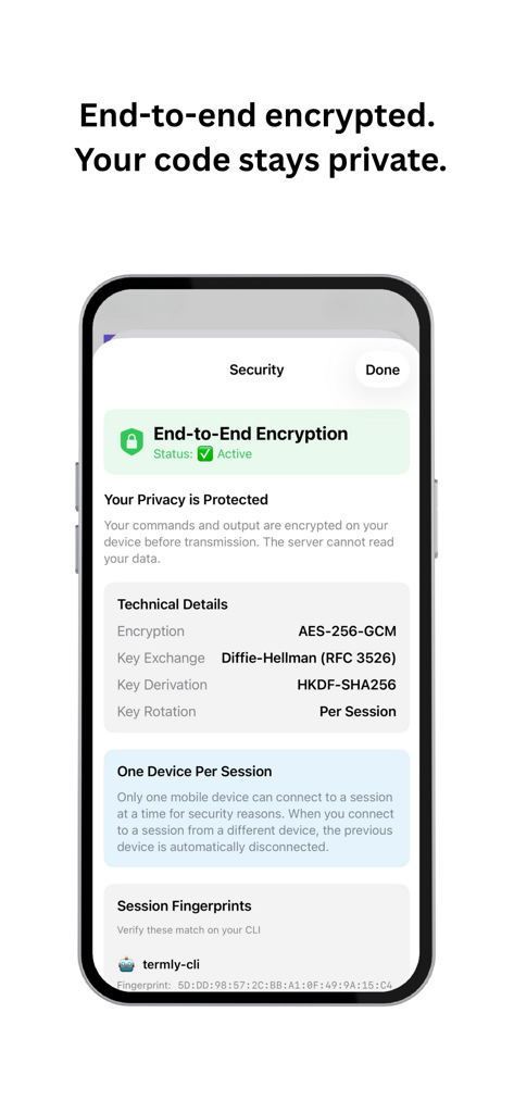Termly - Interface do aplicativo Termly exibindo configurações de criptografia de ponta a ponta e protocolos de segurança técnicos.
