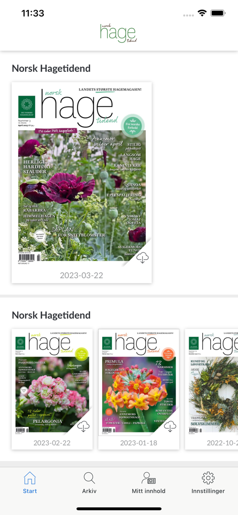 Hagetidend - A digital library interface within the Hagetidend app showing various issues of the Norwegian gardening magazine with colorful floral covers.