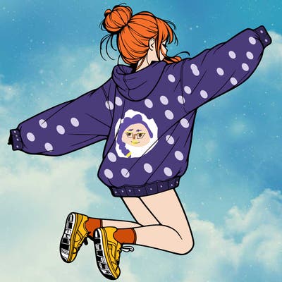 realistic girl jumping with a bun and oversized sweatshirt