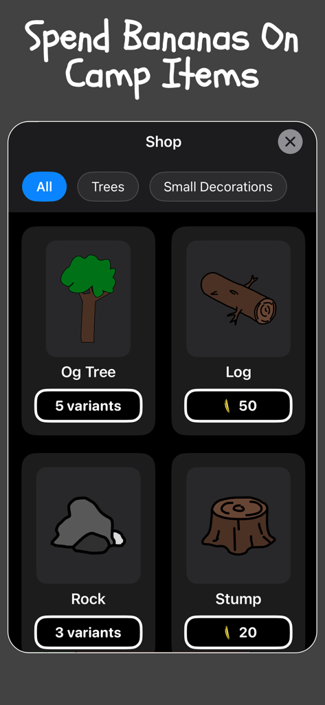 Shop screen in the Monke Habit Game app showing camp items like trees and logs