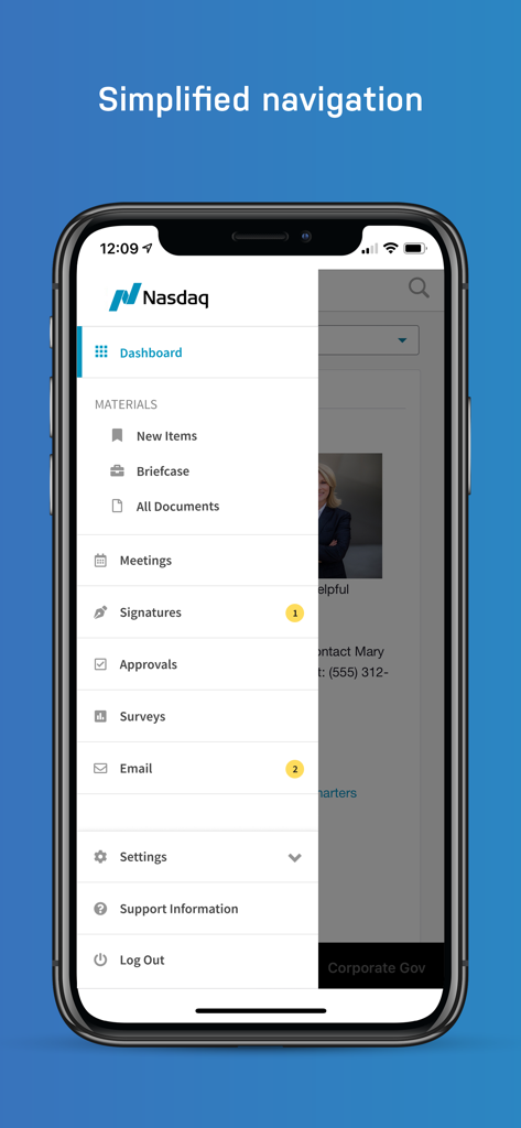 Nasdaq Boardvantage mobile app simplified navigation menu