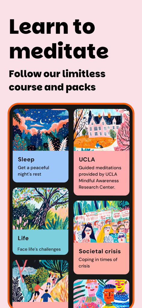 Oberfläche der Medito-App, die Meditationskurse für Schlaf und gesellschaftliche Krisen mit bunten Illustrationen zeigt