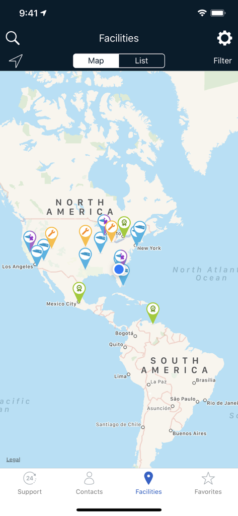 Map view showing Gulfstream service facility locations across North and South America