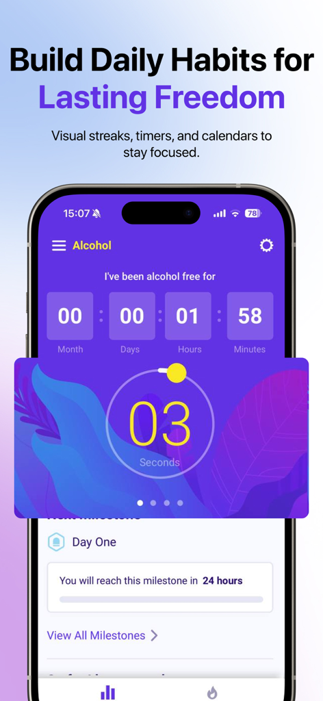 Sobriety Tracker Day Counter - Interface do aplicativo Sobriety Tracker com um cronômetro sem álcool e marcos de progresso.