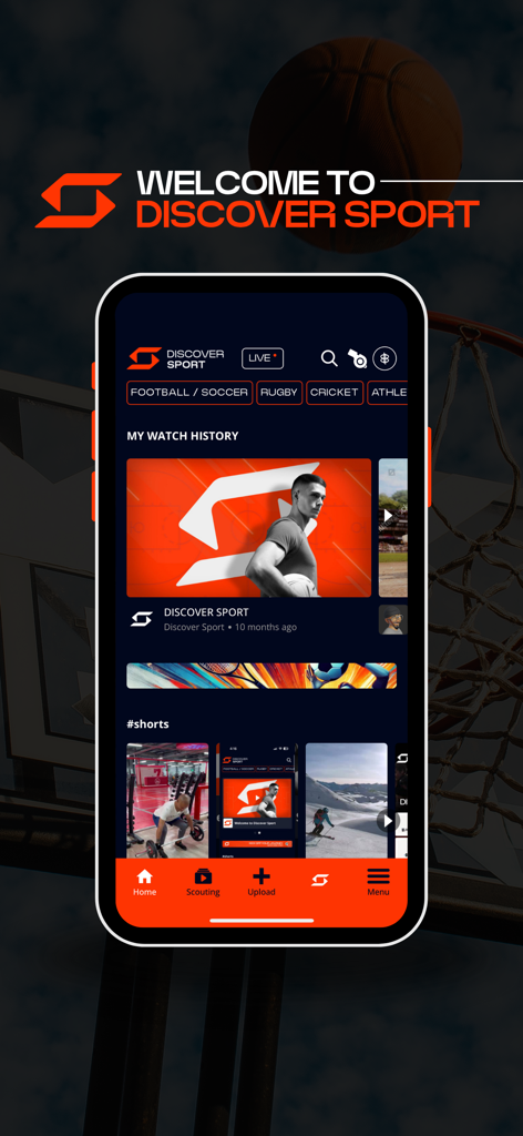 Discover Sport - Discover Sport mobile app interface showing sports categories and video highlight feeds