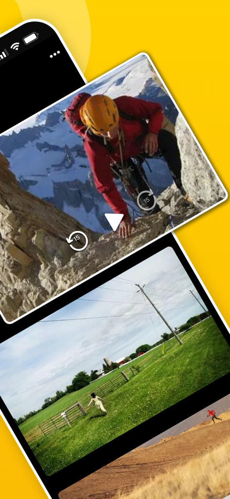 OiVideo App-Oberfläche, die einen Smartphone-Bildschirm mit mehreren Videowiedergabe-Miniaturen und einem gelben Hintergrund zeigt
