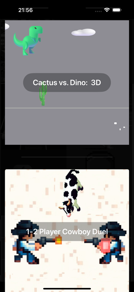 20 Mini Games: Watch & Phone - Screenshot of Cactus vs Dino 3D and Cowboy Duel mini games from the 20 Mini Games app