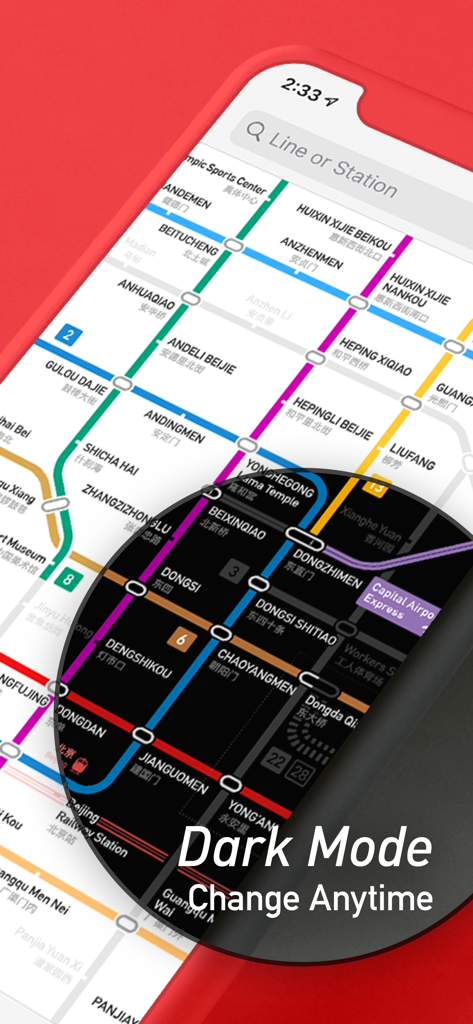 MetroMan Beijing app interface showing the subway map with a dark mode toggle option.