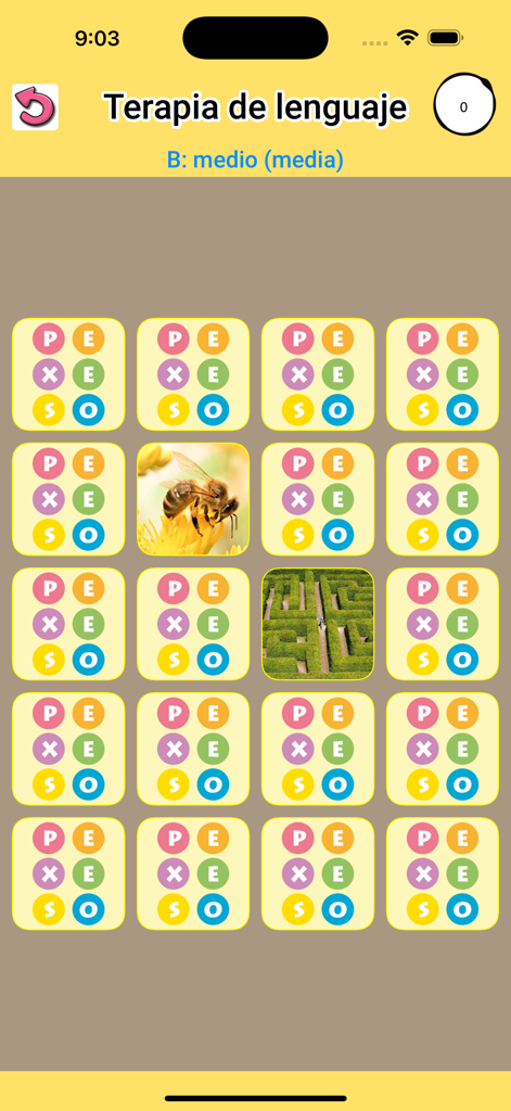 Terapia de lenguaje ejercicios - A memory card game within the Terapia de Lenguaje app showing photos of a bee and a maze to practice Spanish pronunciation