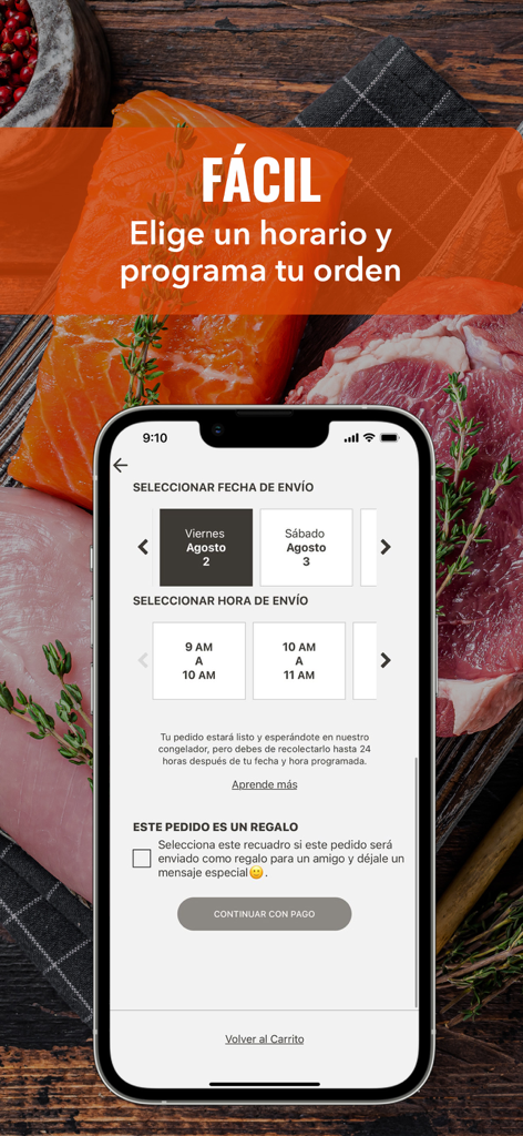 Mobile app screen for scheduling the delivery date and time of meat and grocery orders.