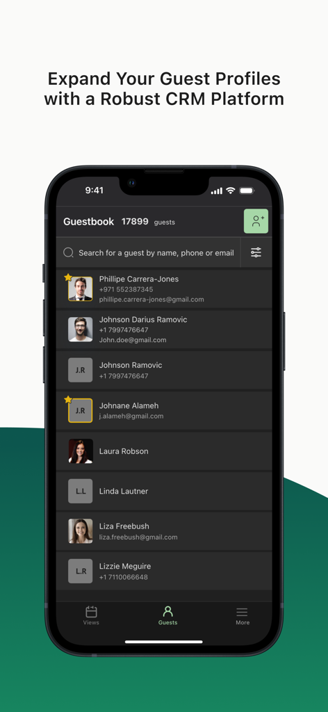 Servme - Ein Smartphone-Bildschirm, der das Servme App Guestbook mit einer Liste von Restaurant-Gästeprofilen und Kontaktdaten anzeigt.