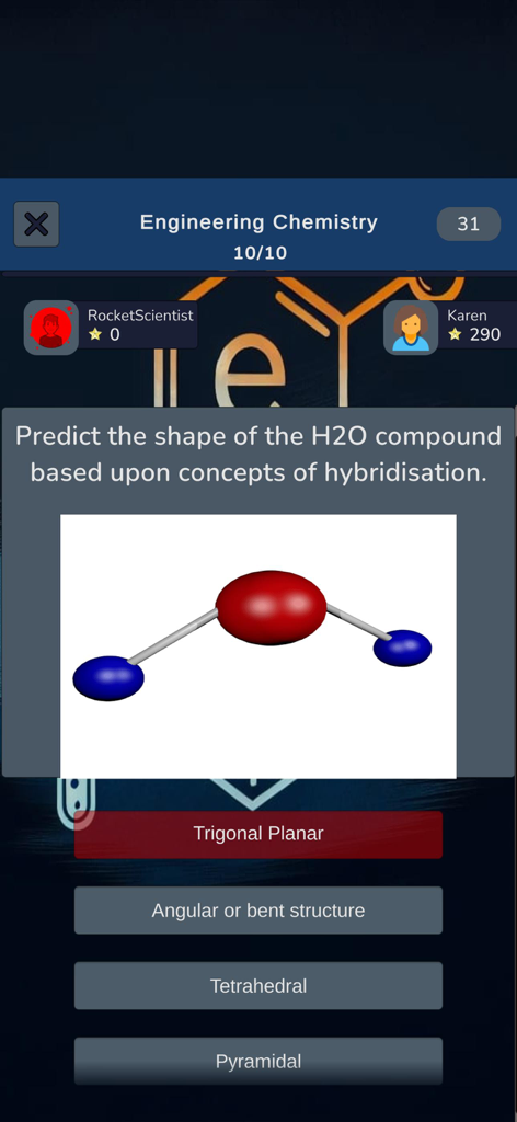 Chemistry Knowledge Quiz - Uma tela de quiz de química mostrando uma pergunta sobre a forma de uma molécula de H2O com opções de múltipla escolha e avatares multijogador.