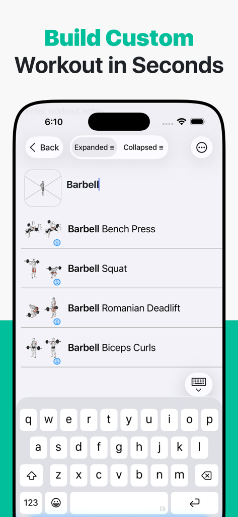 Simple Workout Log - IRONOTES - A screen from the Ironotes app showing the search and selection process for barbell exercises to create a custom workout.