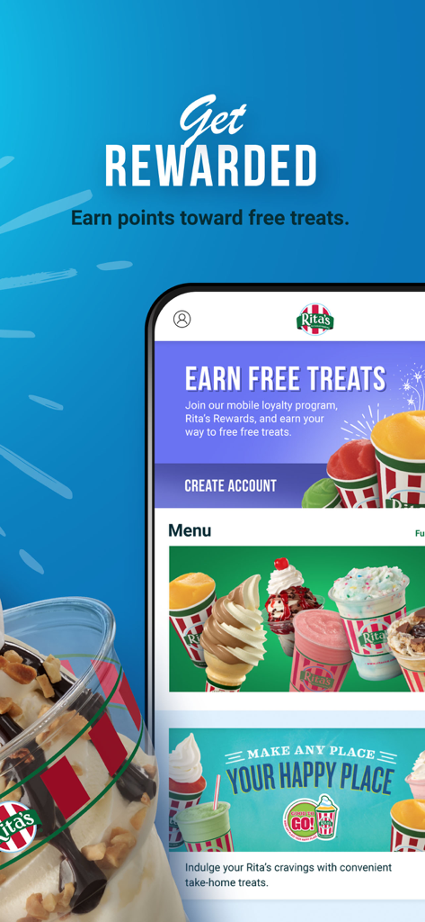 Rita's Ice - Pantalla de la app móvil de Ritas Ice mostrando recompensas de lealtad y un menú de postres congelados