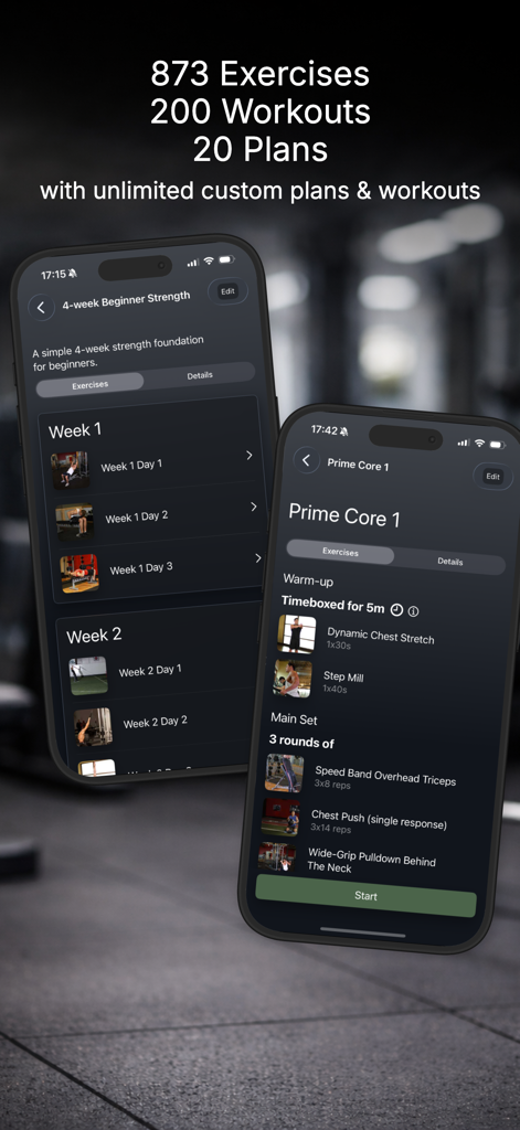 Delicious Fitness - Smartphone screens displaying custom workout plans and exercise routines in the Delicious Fitness app