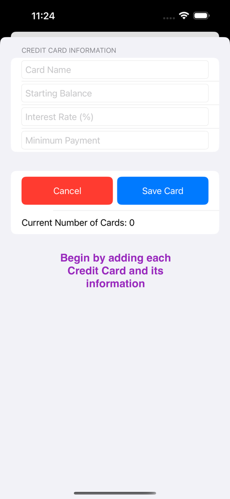 Credit Cards Payoff - Interface to enter credit card details including balance and interest rate