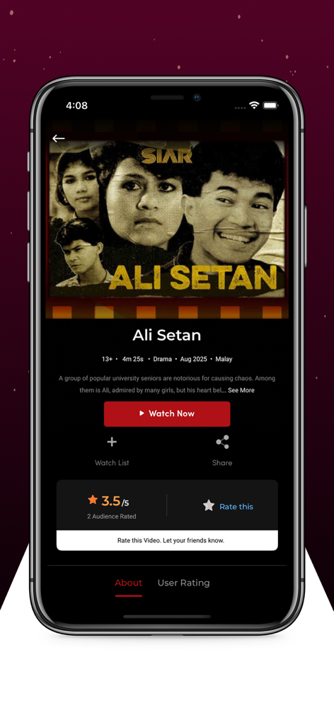 Karya Reels - Karya Reels app screen displaying movie details for Ali Setan with a Watch Now button and star rating