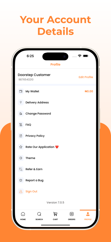 Doorstep Delivery - User profile interface of the Doorstep Delivery app showing account details and settings