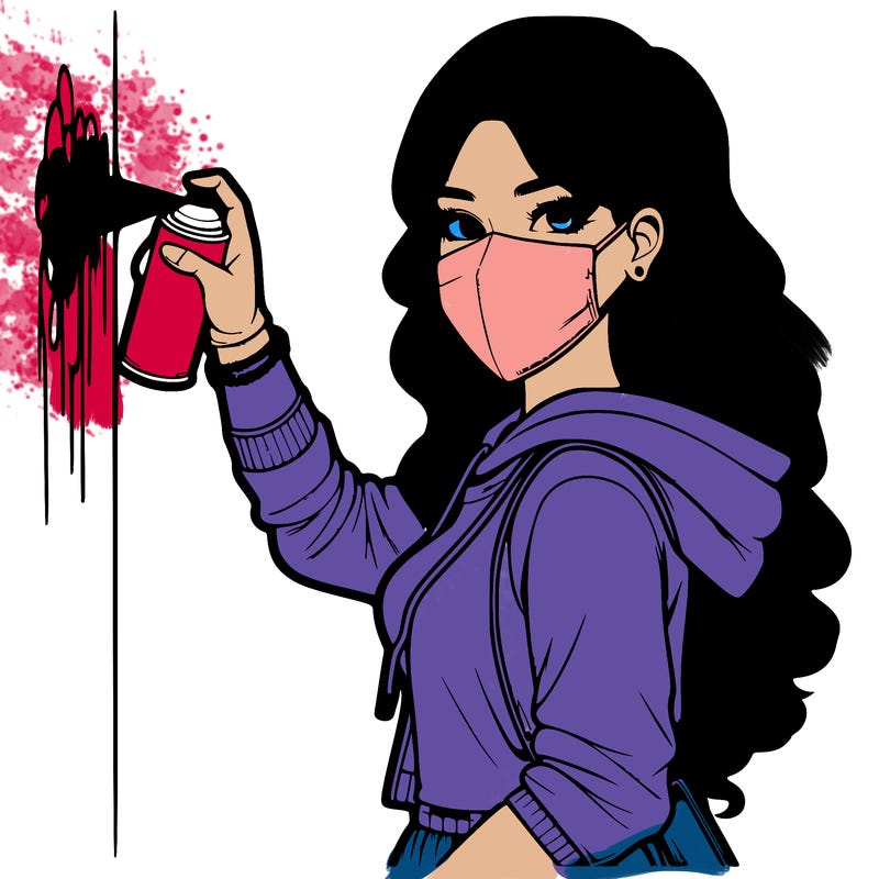 realistic girl with mask spray painting a wall