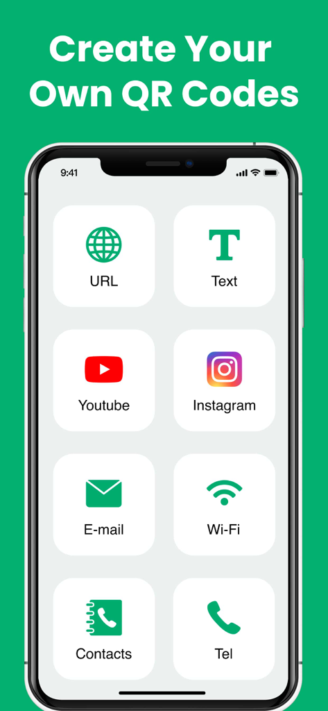 QR/Barcode Scanner for iPhone - iPhone app screen showing multiple options to create custom QR codes for URLs text social media and contacts